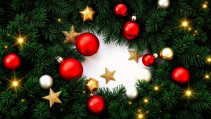 Fototapeta premium Festive Christmas Ornament and Evergreen Wreath Arrangement with Red and Gold Decorations
