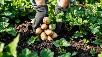 Fototapeta premium Freshly Harvested Potatoes Placed in a Garden Bed Surrounded by Green Foliage
