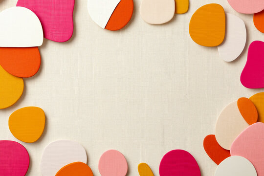 A circle of colorful paper circles on a white background