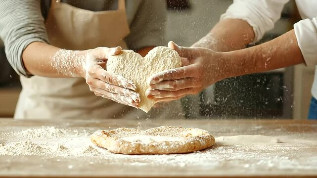 Young couple baking heart shaped pizza in kitchen fun moment