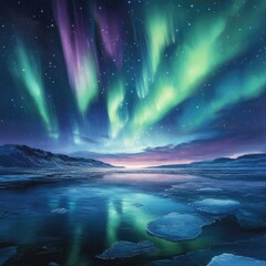 Naklejka premium The aurora borealis dances above an icy lake, illuminating the night sky with vibrant green and purple hues, creating a breathtaking natural spectacle.