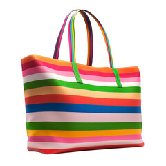 Colorful tropical beach bag with palm leaf pattern filled with summer essentials like sunscreen and bottles.