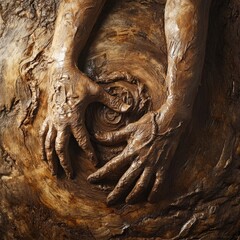 Obraz premium Potter’s hands shaping wet clay on a spinning wheel, showcasing the intricate textures of the clay under warm studio lighting, creating a sense of craftsmanship and focus