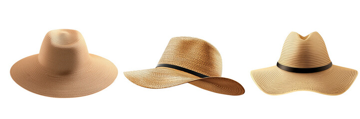 Set of stylish straw hats with wide brims, perfect for sun protection and summer fashion on the beach or outdoors.