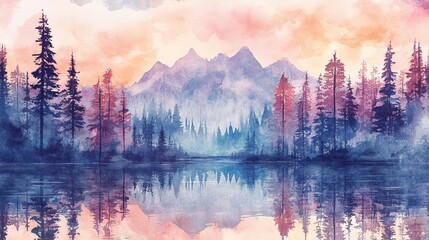 Fototapeta premium A serene watercolor painting of a river winding through lush trees, capturing a peaceful landscape.