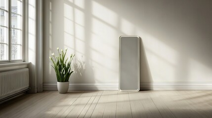   A vacant space featuring a potted plant in one corner and a massive mirror positioned in front of the window