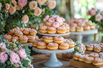 Donuts decorated with pink flowers and icing on elegant cake stands, Pastry catering concept 