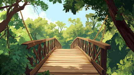 Wooden bridge walkway in a wild forest with trees over the platform and vertical wooden beams, natural, elevated path, tree canopy, suspension, arboreal. Arboreal. Illustration