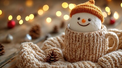 Obraz premium Cute little snowman made from marshmallows bathing in a mug with hot chocolate