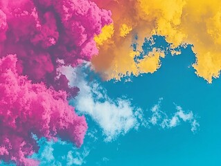 Vibrant clouds in pink, yellow, and blue against a bright sky.