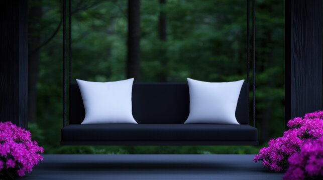 A black and white swing with two white pillows on it is set in a lush green fore