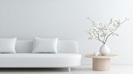 A white couch and a white table with a vase of white flowers on it