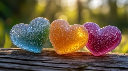 Fototapeta premium Three Colorful Candy Hearts Resting On Wood