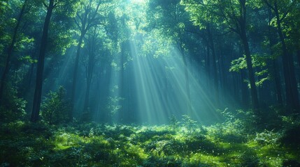 Fototapeta premium Sunbeams pierce misty, green forest.