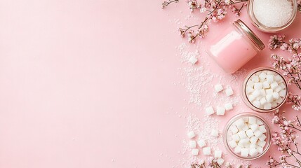   A pink background with marshmallows, a jar of sugar, and a glass of milk