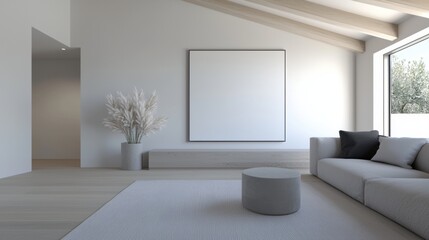 A white living room with a large white wall and a white couch