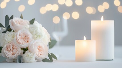 A bouquet of white and pink flowers sits on a table next to two candles