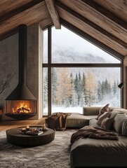 Fototapeta premium Cozy Mountain Cabin Living Room With Fireplace And Snow View