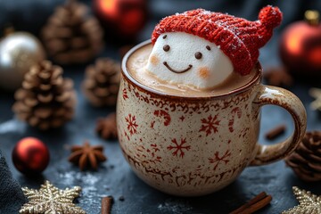 Cute little snowman made from marshmallows bathing in a mug with hot chocolate