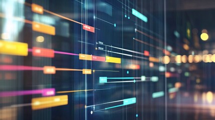 Abstract digital data flow visualization on a screen with colorful nodes and connections.