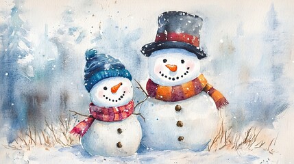 Fototapeta premium Snowman mom and snowman baby watercolor 