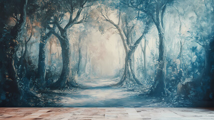 Scenic woodland wallpaper creation: arboreal shapes, artistic landscape, textured paint design, mural masterpiece. Arboreal. Illustration