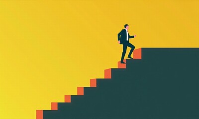 businessman climbing stairs career progression bright tan background