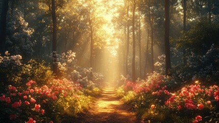 Fototapeta premium Sunlit path through flowering, mystical forest.