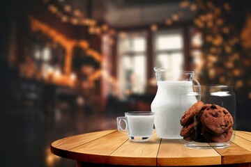 Cozy christmas glass of milk and sweet cookies on desk
