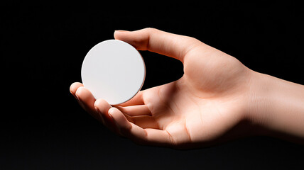 Hand holding pin mockup against black background for identity and honour