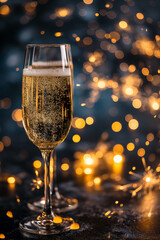 Elegant Champagne Glasses with Sparkling Wine, Gold Bokeh, and Festive Lights - Perfect for New Year&rsquo;s Eve, Parties, Weddings, and Celebrations