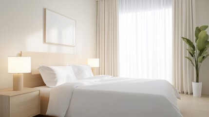 A white bed with a white comforter and white pillows