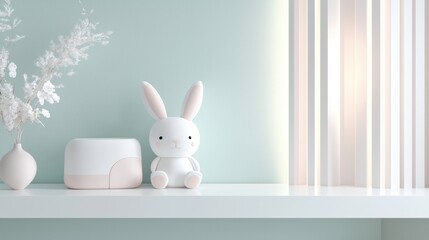 A white rabbit is sitting on a shelf next to a vase