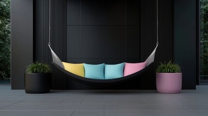A colorful hammock is suspended between two black planters