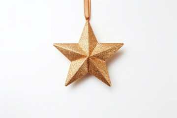 Obraz premium Sparkling Golden Star christmas Ornament Hanging on White Background Perfect for Holiday Decoration, Christmas Festivities and Seasonal Celebrations