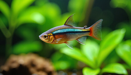  Bright tropical fish swimming among green plants in aquarium.