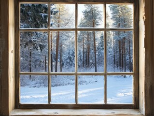 Winter woodland scene viewed from a rustic window