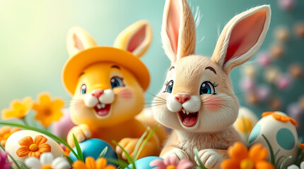 Fototapeta premium Playful Easter Bunnies with Colorful Eggs in Spring Setting