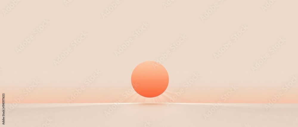 Poster Minimalistic illustration of a sunset. the background is a light peach color with a gradient effect. in the center of the image, there is a large orange circle that is slightly tilted to the right.