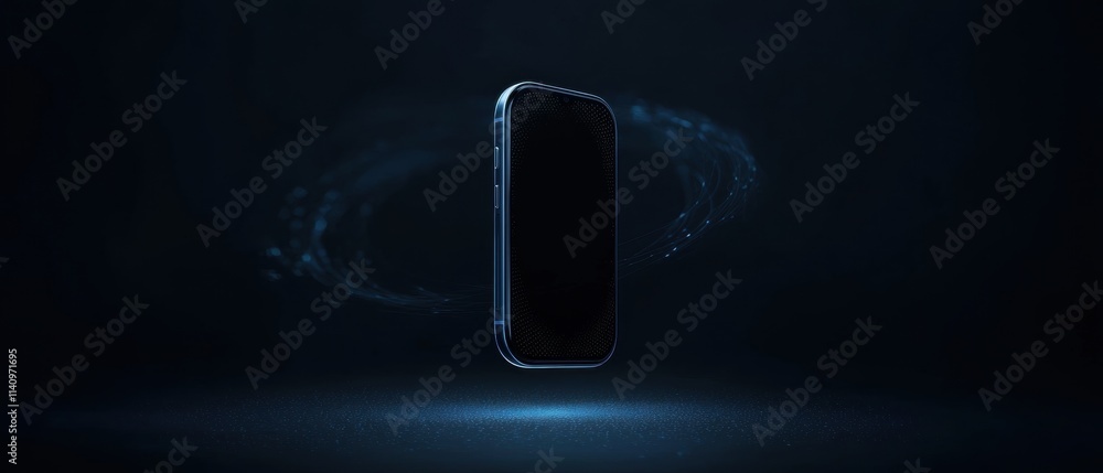 Poster digital illustration of a smartphone in the center of a dark blue background. the phone is in the sh