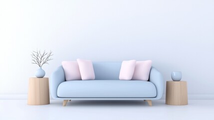 A blue couch with pink pillows sits in front of a white wall
