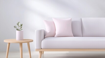 A white couch with pink pillows and a potted plant on a wooden table