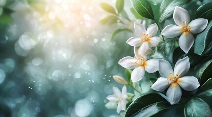 Beautiful white flowers with droplets on leaves in a serene garden setting