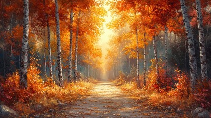 Autumnal path, birch trees, golden leaves.
