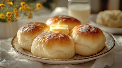 Rustic breakfast scene with warm bread butter and milk