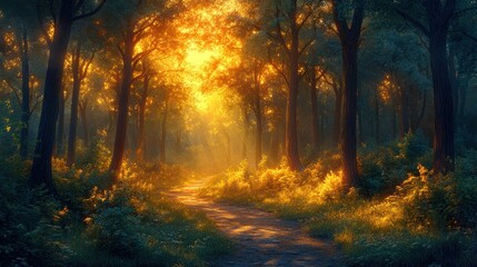 Obraz premium Golden sunlight filters through forest path.