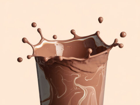 Un chorrito de leche con chocolate con unas gotitas flotando en el aire
