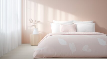 A bed with a pink comforter and white pillows