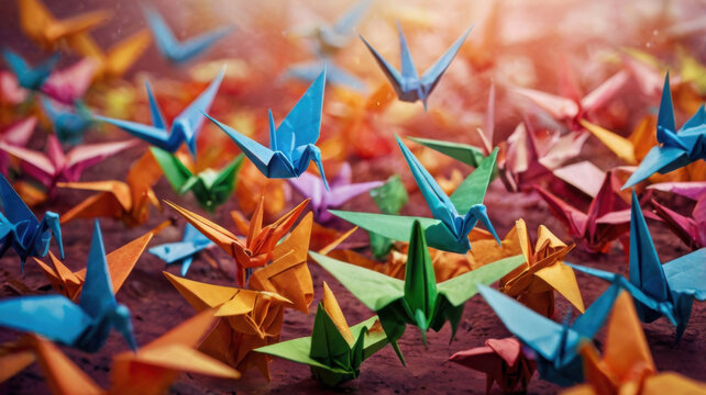 Hermoso fondo colorido con grullas de origami de papel volando
