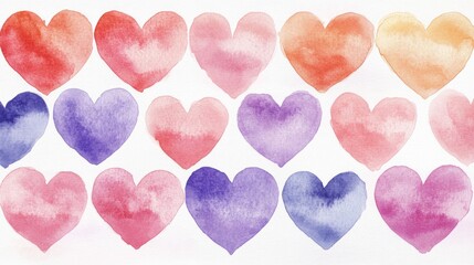 Fototapeta premium Watercolor Hearts in Pastel Shades Arranged in Rows